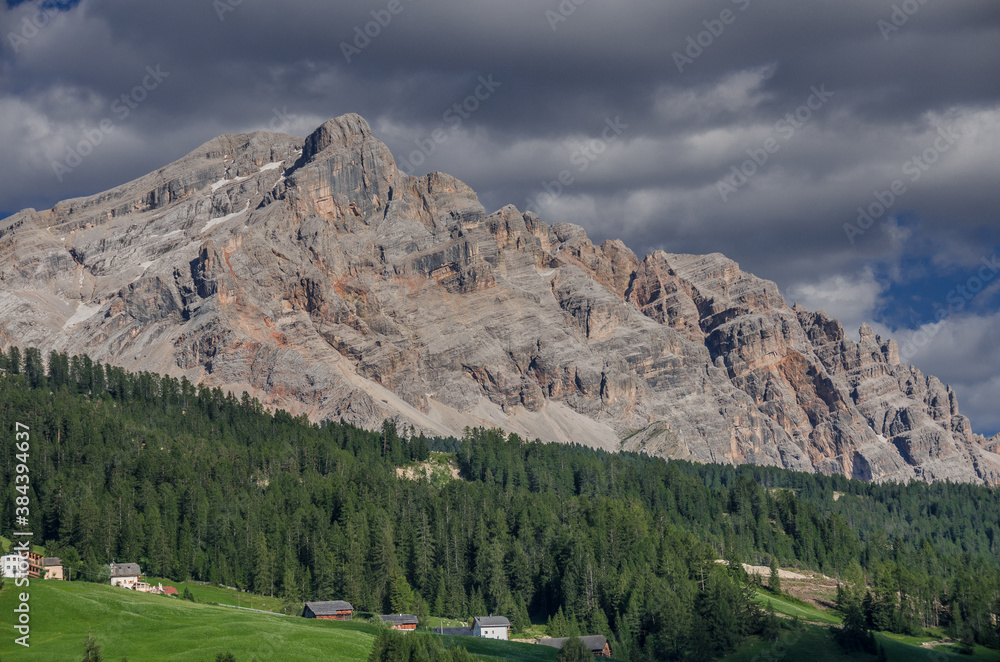 La Varella mountain with Forcela [Pass] de Medesc, Dolomites of Fanes-Senes-Braies mountain park, above Val Badia [valley], seen from Pedraces village, Badia village, South Tirol, Alto-Adige, Ital