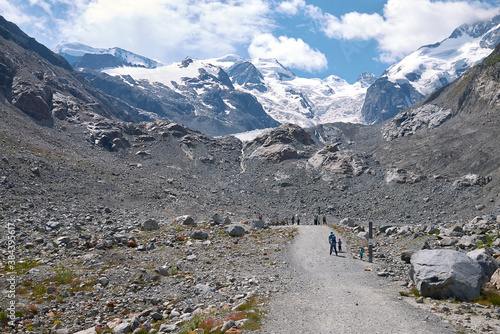 Morteratsch, Switzerland - July 22, 2020 : View of Morteratsch Glacier trail © simona