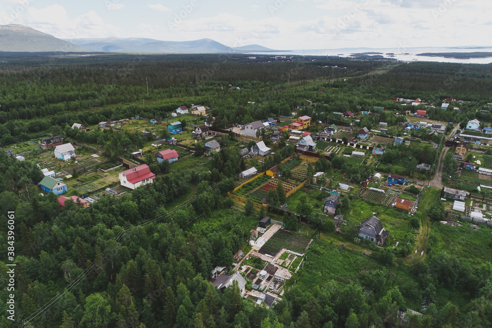 Aerial Townscape of Suburban Village Sosnoviy Bor located in Northwestern Russia on the Kola Peninsula near the town Kandalaksha