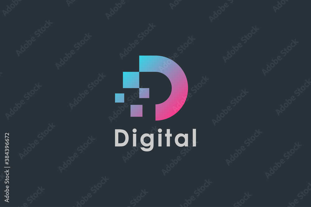 Abstract Initial Letter D Logo. Blue and Red Geometric Shape with Square Pixel Dots isolated on Black Background. Usable for Business and Technology Logos. Flat Vector Logo Design Template Element. - obrazy, fototapety, plakaty 