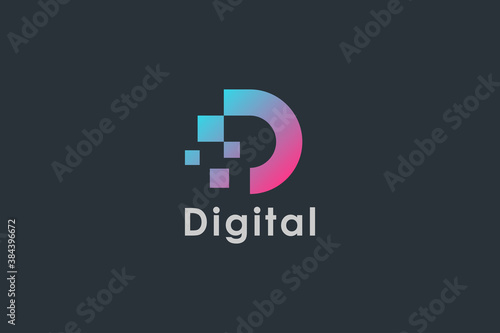 Abstract Initial Letter D Logo. Blue and Red Geometric Shape with Square Pixel Dots isolated on Black Background. Usable for Business and Technology Logos. Flat Vector Logo Design Template Element.