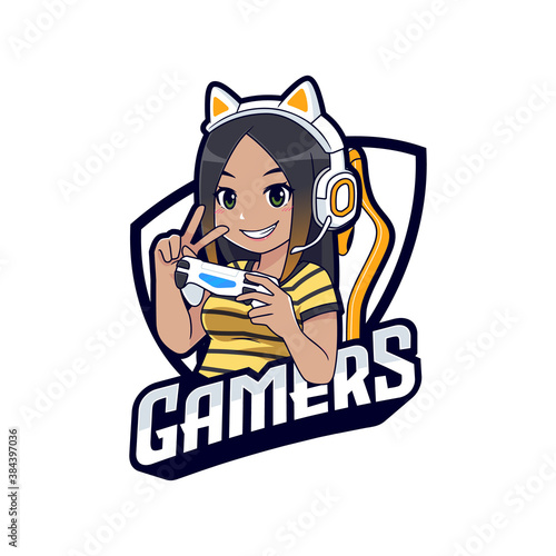 Cute dark skin gamer girl cartoon logo
