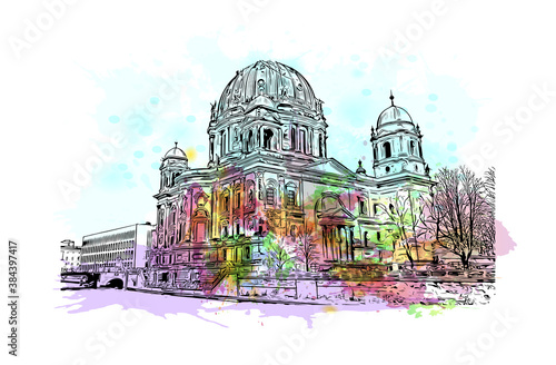Building view with landmark of Berlin, Germany’s capital, dates to the 13th century. Watercolor splash with hand drawn sketch illustration in vector.