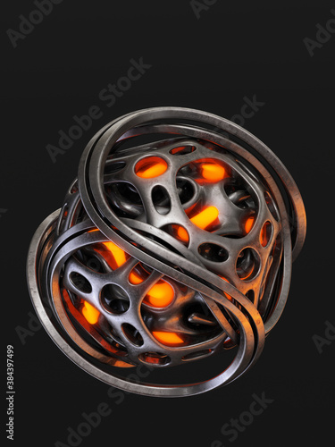 Abstract curved illuminated glowing orb isolated on black background, 3d rendering