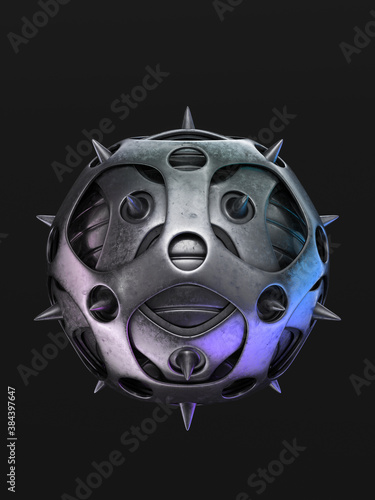 Abstract steel spiked soccer ball isolated on black background, 3d rendering of dangerous abstract sphere 