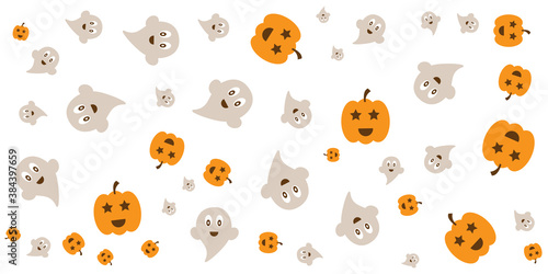 Happy Halloween Party Background with pumpkins, ghosts, candy, witch broom, bats, cobwebs, skulls, bones, headstones, witch hats. Paper art style. Vector Illustration