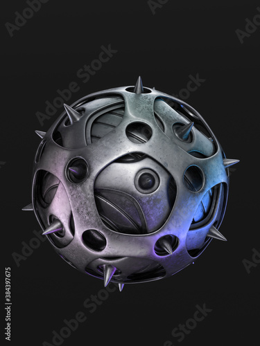 Abstract steel spiked soccer ball isolated on black background, 3d rendering of dangerous abstract sphere 