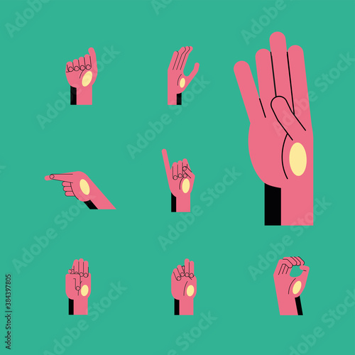 hand sign language alphabet line and fill style icon set vector design