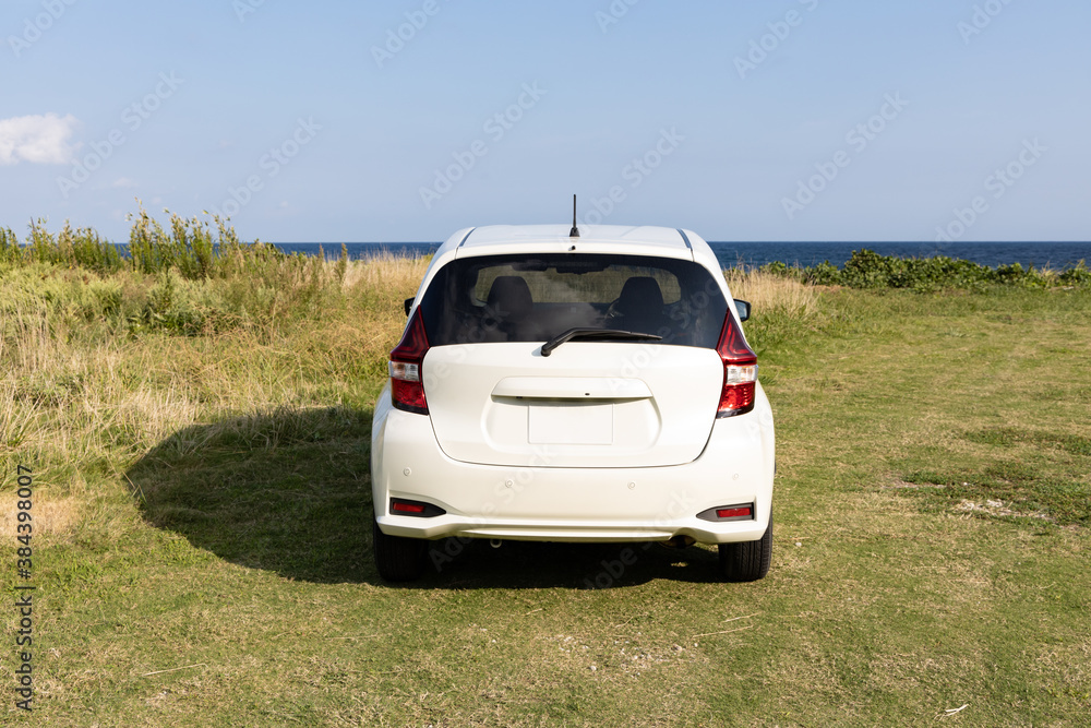 car parked in a meadow near the sea