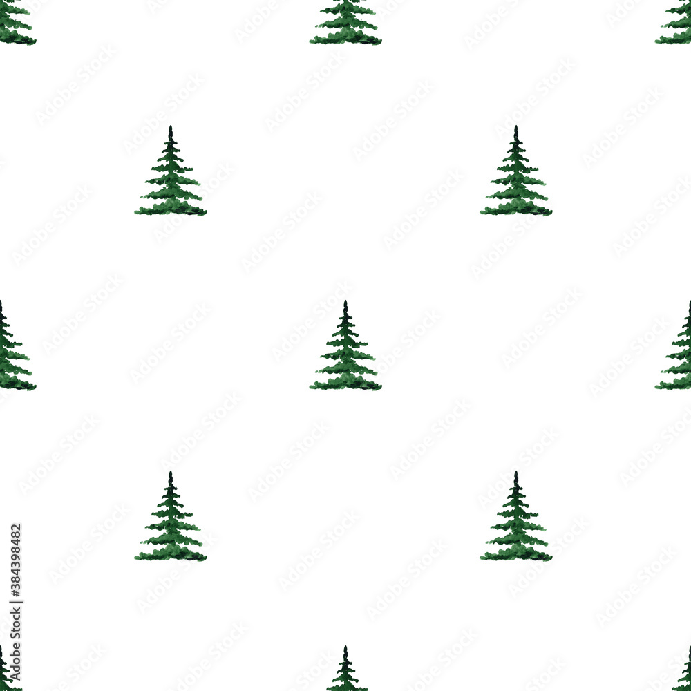 Fototapeta premium watercolor green pine trees seamless pattern on white background. Minimalist style. For fabric, textile, wrapping, scrapbook