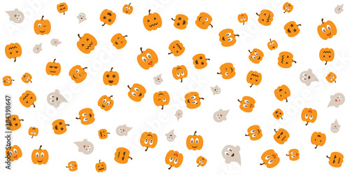 Fototapeta Naklejka Na Ścianę i Meble -  Happy Halloween banner. Festive background with orange pumpkins with cut scary smile and flying ghost. Horizontal holiday poster, header for website. Vector illustration