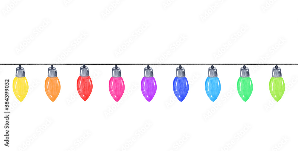watercolor multicolor glowing garland with lightbulbs isolated on white background. Christmas decoration
