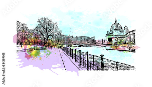 Building view with landmark of Berlin, Germany’s capital, dates to the 13th century. Watercolor splash with hand drawn sketch illustration in vector.