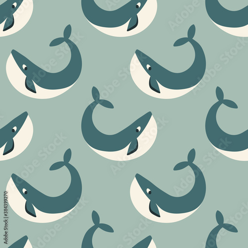 Vector seamless pattern with whales. Repeated texture with marine mammals. Sea background with animals.