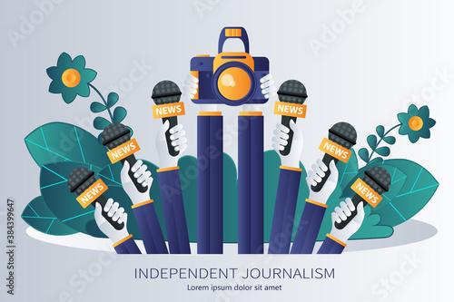 Journalism. Microphones in reporter hands. Set of microphones and recorders isolated on blue background. Mass media, television, interview, breaking news, press conference concept. Flat vector