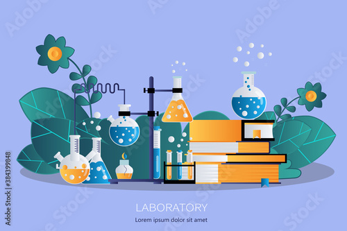 Laboratory equipment banner. Concept for science, medicine and knowledge. Research concept. Flat vector illustration