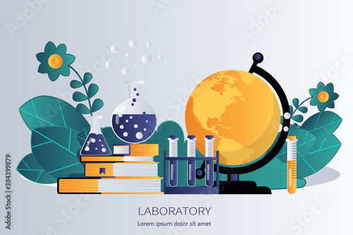 Laboratory equipment banner. Concept for science, medicine and knowledge. Research concept. Flat vector illustration