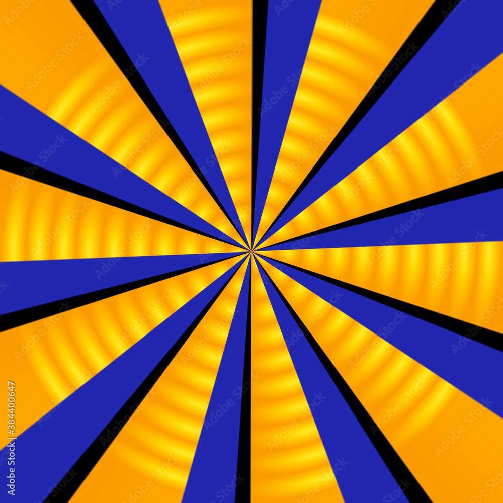 A square regular radial pattern made of dynamic yellow circles and straight blue rays.
A square regular radial pattern made of dynamic yellow circles and straight blue rays.