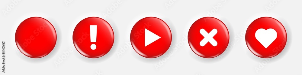 Red button realistic set in modern neumorphism style, exclamation mark, play, cross and heart icons on red glossy neumorphic buttons collection Red button realistic set in modern neumorphism style, exclamation mark, play, cross and heart icons on red glossy neumorphic buttons collection