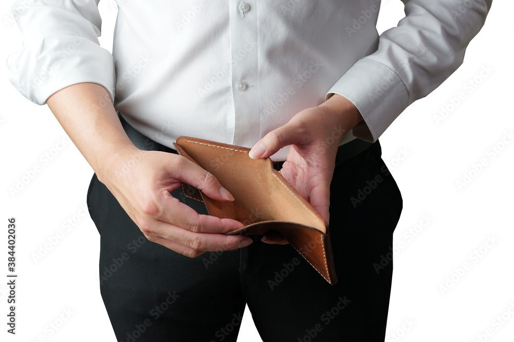 No money concept, close-up business man with empty wallet  isolated on white background, with clipping path.