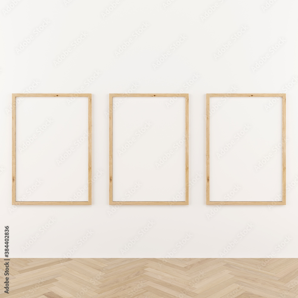Three vertical wooden frame poster on white wall with wooden parquet. 3 frame mock up. 3D illustration. Three vertical wooden frame poster on white wall with wooden parquet. 3 frame mock up. 3D illustration.