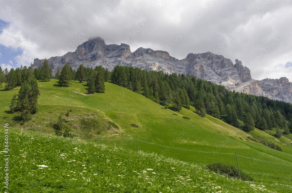La Varella mountain, Fanes-Senes-Braies mountain par, as seen from above San Casiano village, Alta Badia, Dolomites, South Tirol, Italy. La Varella mountain, Fanes-Senes-Braies mountain par, as seen from above San Casiano village, Alta Badia, Dolomites, South Tirol, Italy.