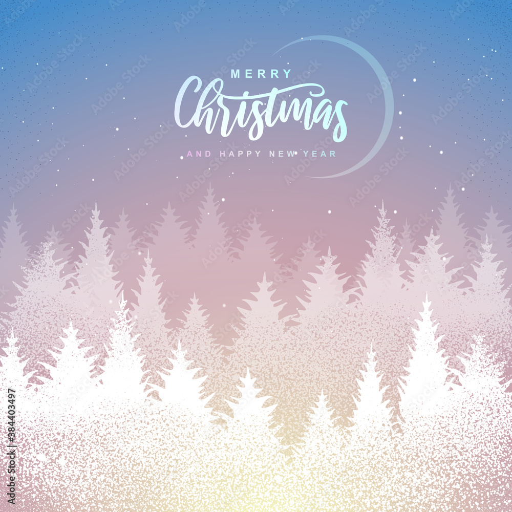 Winter seasonal holiday Christmas background. Christmas greeting card with winter forest. Vector illustration