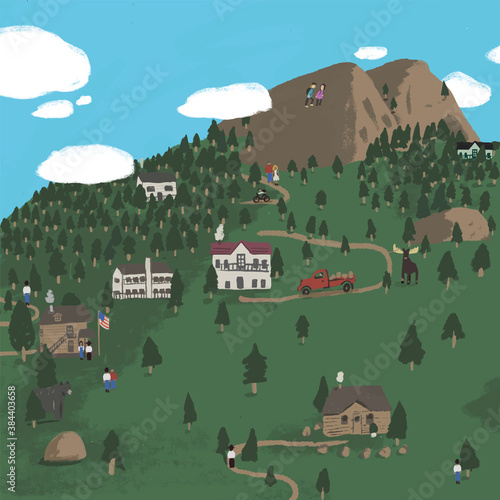 Quirky Vector Mountain Village illustration. Scene of nature, city, houses, people, trees and mountains.