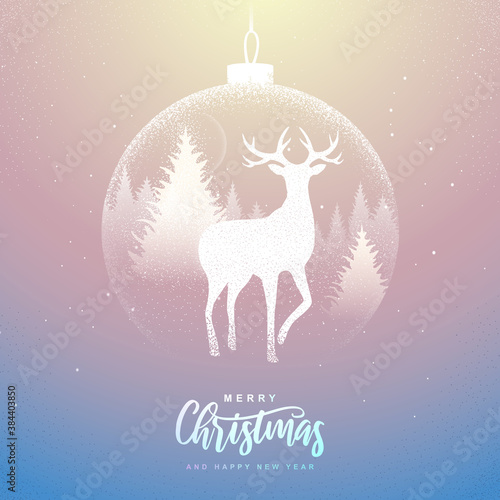 Winter seasonal holiday Christmas background. Christmas greeting card with snow globe and deer in forest inside. Vector illustration