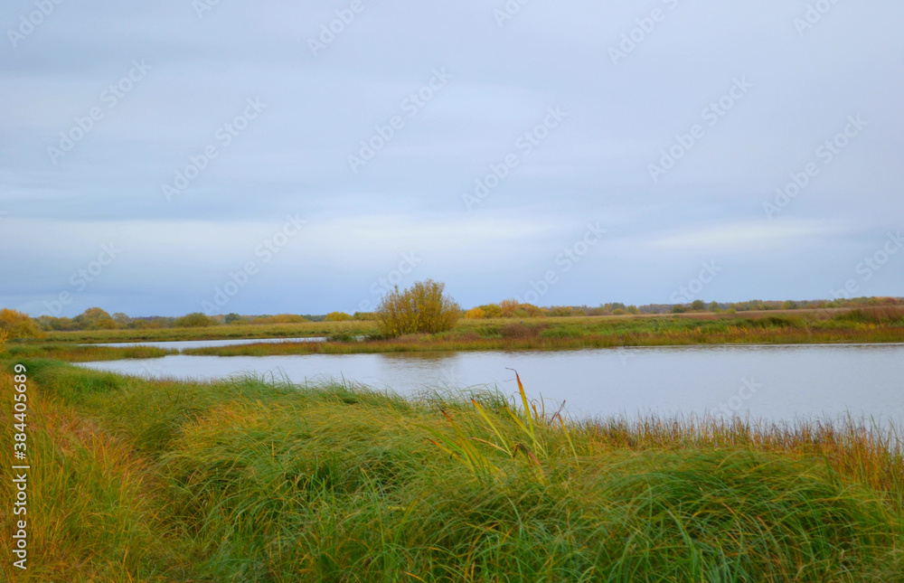 Beautiful autumn landscape with lake and meadow in grey day before the rain. Northern Europe. October.  

