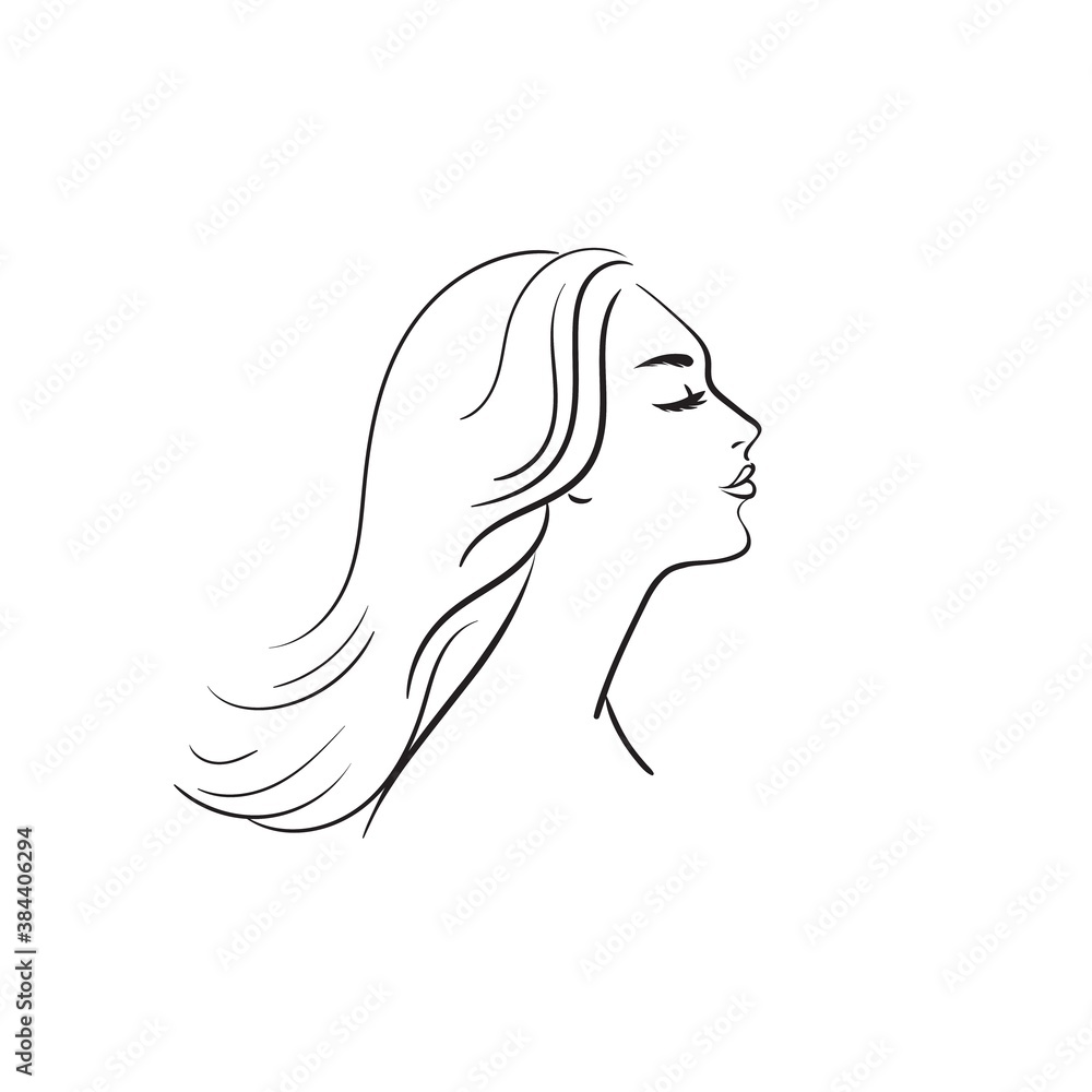 Beautiful Young woman face isolated on a white background. Beauty concept. Black and white logo.Hand drawing illustration. Beautiful Young woman face isolated on a white background. Beauty concept. Black and white logo.Hand drawing illustration.