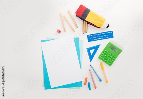 School objects in desk table