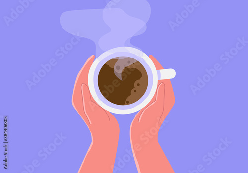 Woman hands holding hot drink - tea, coffee. Flat vector cartoon illustration isolated on white.