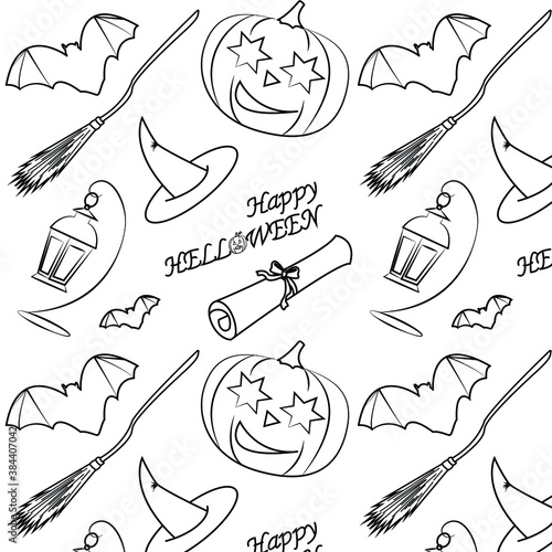 Happy Halloween pattern. Black outline