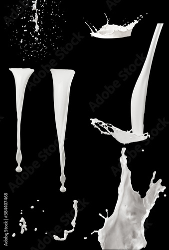 Milk splash. Realistic milk splash and drops of milk drink or yogurt isolated on black. background.