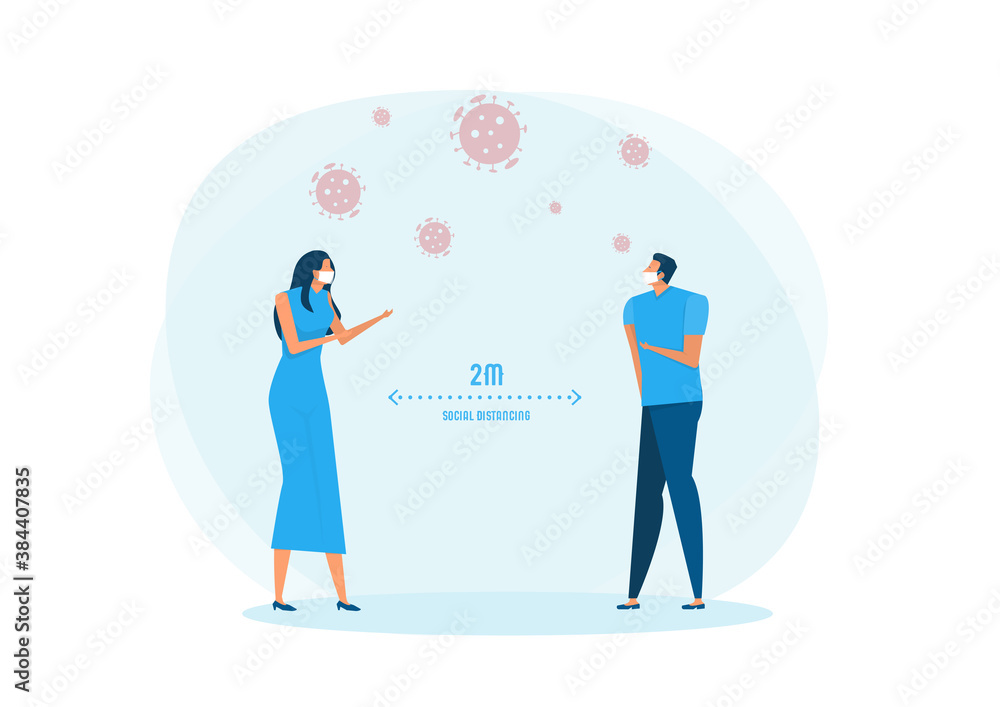 man and woman wearing medical mask and social distancing concept vector illustration. man and woman wearing medical mask and social distancing concept vector illustration.