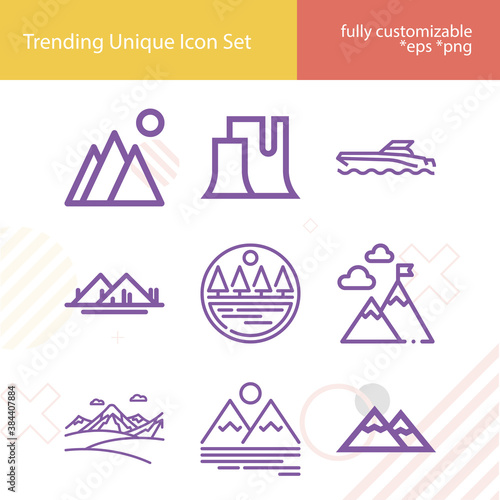 Simple set of mountains related lineal icons.