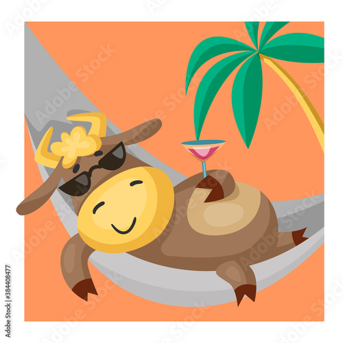Funny bull or cow in sunglasses, symbol of the new year 2021,napping in a hammock with a glass of cocktail. Vector cartoon illustration or postcard.