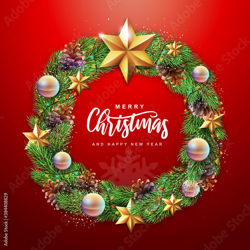 Winter seasonal Christmas background. Christmas holiday realistic decorative wreath. Vector illustration