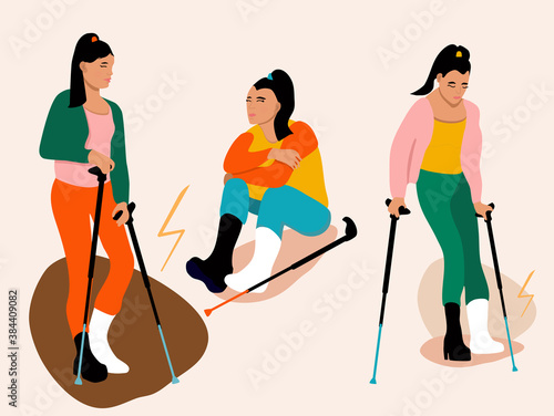 Set of three young women with broken leg.Girl with orthopedic cast walking using crutches.Ankle bone fracture or sprain with gypsum.Unhappy injured lady with bandage is sitting.Trendy vector poster