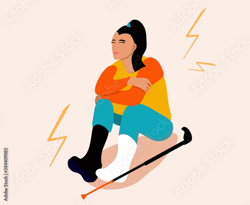 Temporarily disabled sad girl with broken leg with bandage is sitting.Crutches are around. Unhappy injured young woman. Ankle bone fracture or sprain with gypsum.Vector illustration in trendy colors