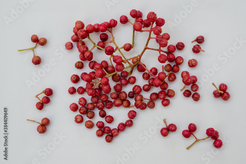 Szechuan pepper, berries and leaves on a white background (Zanthoxylum piperitum) photo