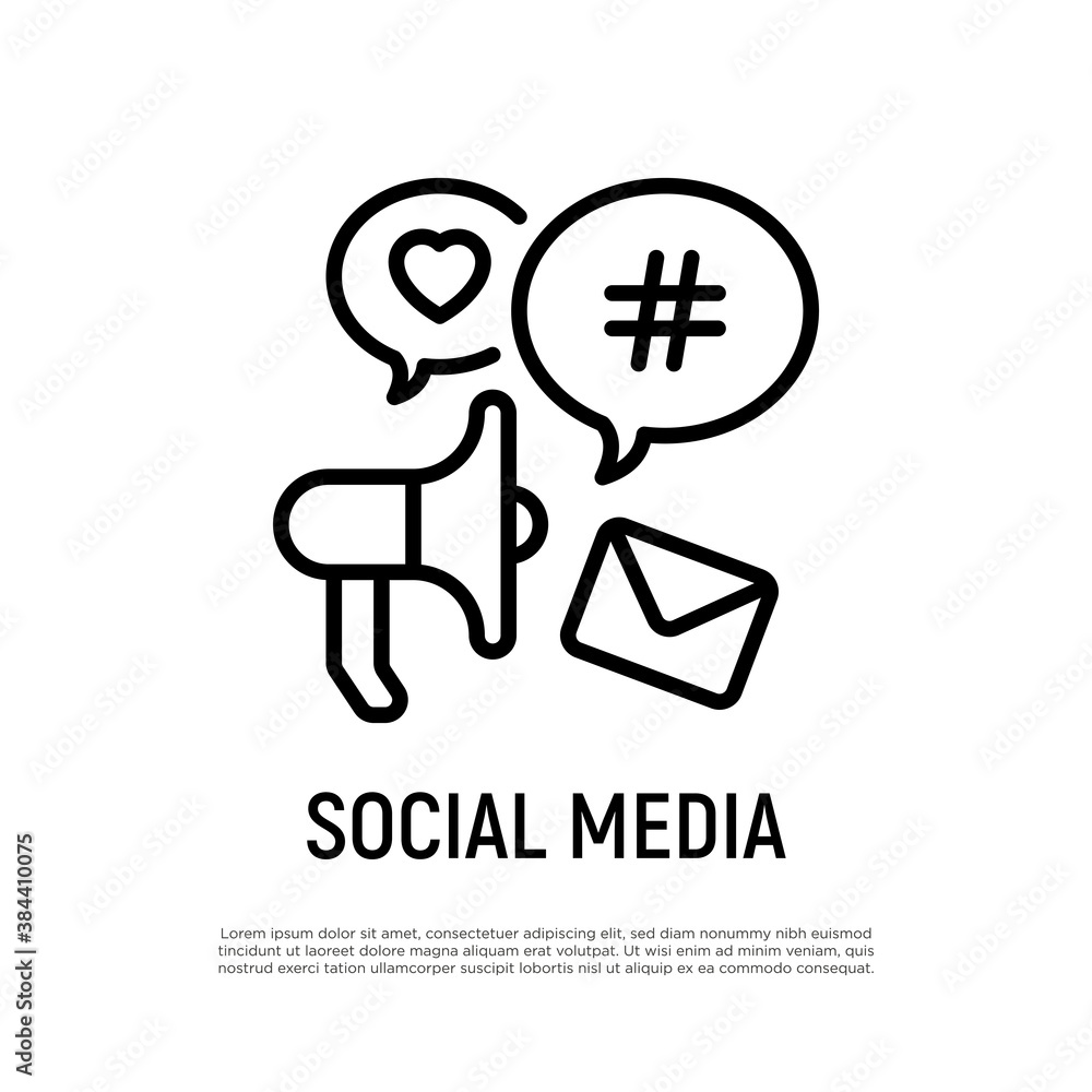 Social media marketing thin line icon: magaphone with speech bubbles that contains hashtag, e-mail, heart. Digital strategy. Vector illustration. Social media marketing thin line icon: magaphone with speech bubbles that contains hashtag, e-mail, heart. Digital strategy. Vector illustration.