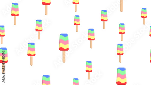 popsicle ice cream on a stick on a white background, vector illustration, pattern. appetizing bright dessert with sugar topping. ice cream for home and cafe decor, pattern on wallpaper