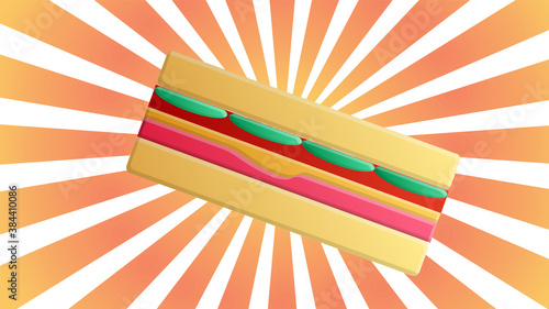 appetizing, delicious sandwich, vector illustration. sandwich on a bright, orange background in retro style. sandwich stuffed with meat, cheese and herbs. snack and lunch sandwich