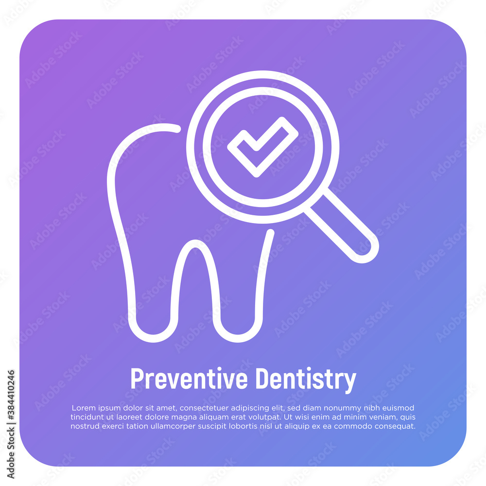 Healthy tooth thin line icon: tooth under magnifier with check mark. Preventive dentistry. Dental care. Vector illustration. Healthy tooth thin line icon: tooth under magnifier with check mark. Preventive dentistry. Dental care. Vector illustration.