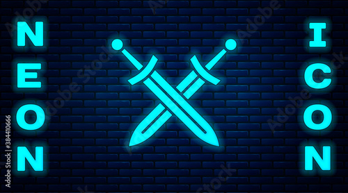 Glowing neon Crossed medieval sword icon isolated on brick wall background. Medieval weapon. Vector.