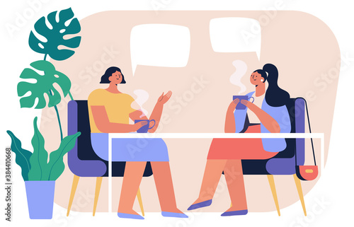 Two young women drinking tea or coffee and talking  in a cafe. Friendship, communication. Flat vector illustration