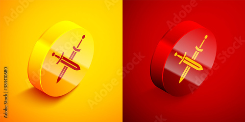 Isometric Crossed medieval sword icon isolated on orange and red background. Medieval weapon. Circle button. Vector.