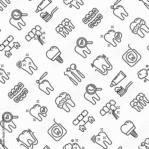 Dentist seamless pattern with thin line icons: dental instruments, caries under magnifier, orthodontics, tooth extraction, veneers, tooth whitening, implant, braces, calculus. Vector illustration.